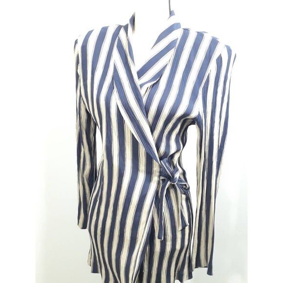 Navy and White Striped Wrap Blouse - Picture 3 of 7